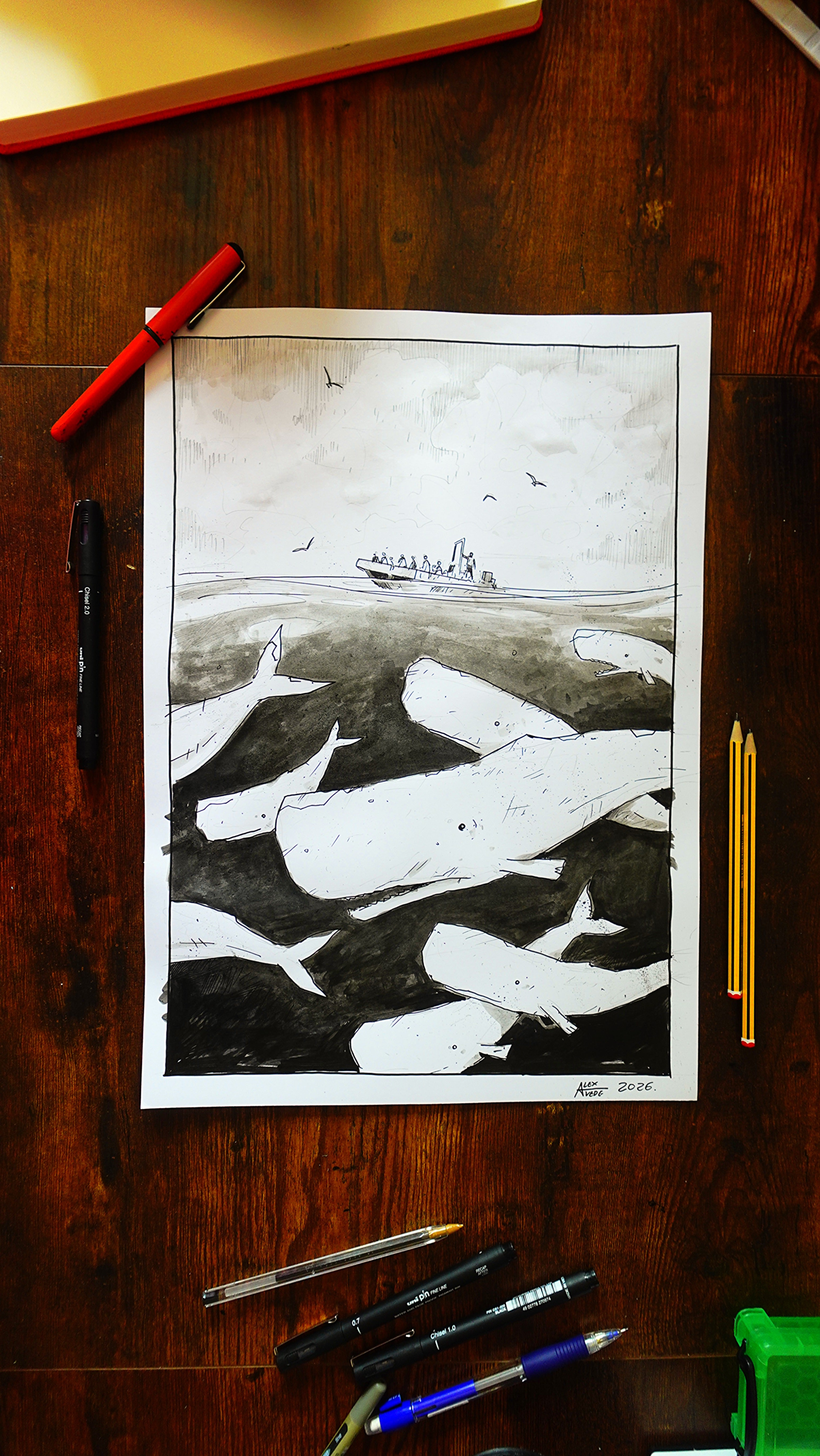 SPERM WHALES IN AZORES-Original artwork